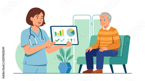 Doctor explaining medical report to elderly patient in clinic with healthcare consultation professional