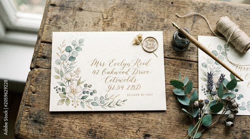 Floral illustrated envelope on rustic wooden background with natural lighting, showcasing botanical stationery concept in elegant minimal layout.