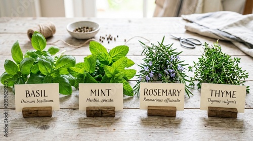 Fresh basil, mint, rosemary, and thyme herbs with labeled cards on light background for culinary and botanical identification display.