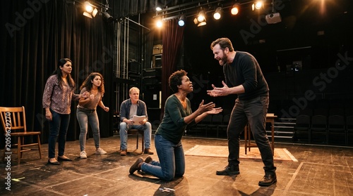 Group of diverse adults passionately rehearsing a dramatic scene on a theater stage under spotlights as part of a performing arts hobby class