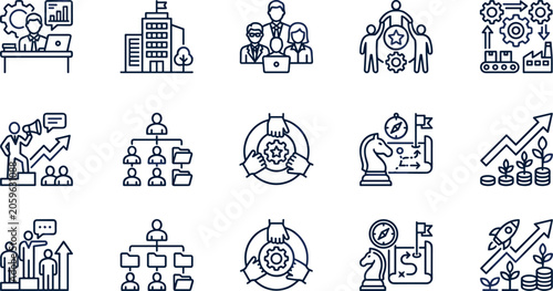Business operations management and corporate strategy icon set featuring factory manufacturing chess tactics team hierarchy and data analysis