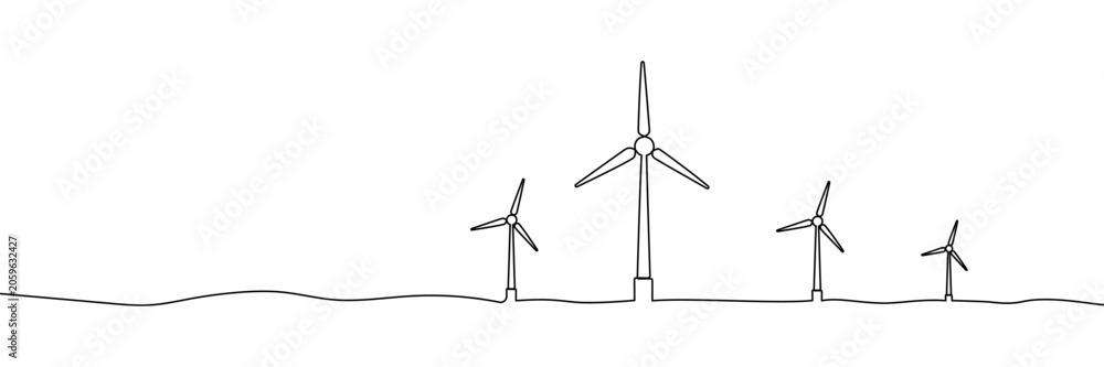 Fototapeta premium Line wind energy continuous art one drawing windmill sustainable renewable. Line wind energy power vector solar farm sketch icon mill turbine panel environment outline green plant illustration sun