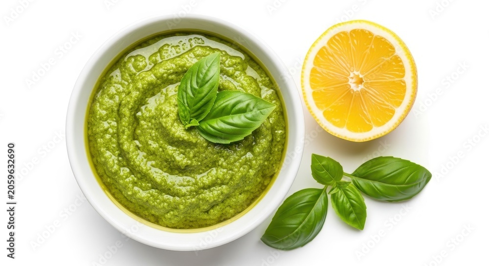 Obraz premium Bowl of fresh green pesto sauce with basil leaves and lemon slice isolated on white background