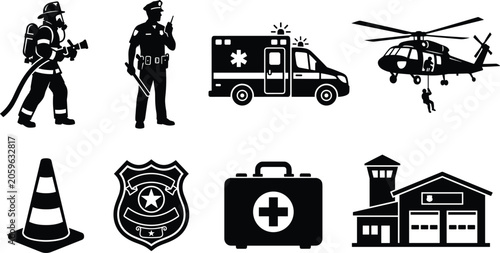 Emergency and public safety silhouette vector collection featuring firefighter police officer ambulance helicopter rescue and safety equipment