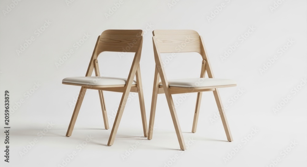 Naklejka premium Two modern wooden folding chairs with white upholstered seats isolated on white background