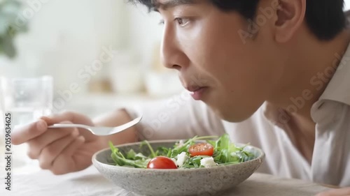 Man enjoying healthy salad with focused expression and thoughtful engagement