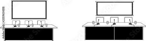 Conference room table and chairs with microphones and projector screen