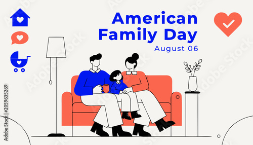 American Family Day, family sitting on sofa, illustration, August 6th, vector graphic