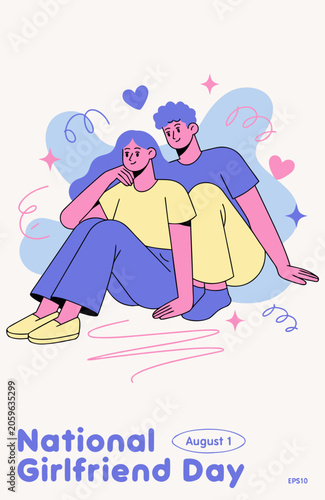 Loving couple illustration, National Girlfriend Day, romantic vector graphics, blue and yellow color scheme