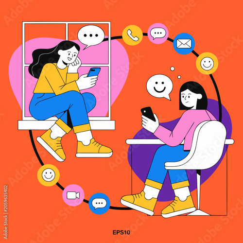 Vector illustration of two women chatting on smartphones, social media icons, online communication, digital messaging, EPS10