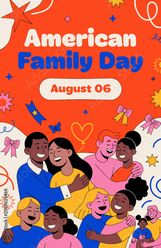 American Family Day, family celebration, holiday illustration, August 6th, diverse family, vector graphics