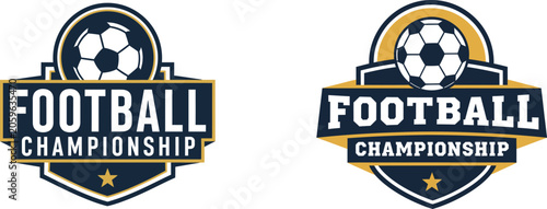 Two football championship logo designs with soccer ball and shield elements vector illustration