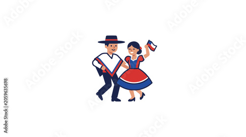 Chilean Couple Dancing Cueca with Flag