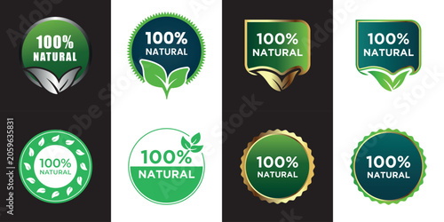 100% Natural Label Set – Green Organic Badge Collection, Eco Packaging Sticker, Premium Nature Certification Icons