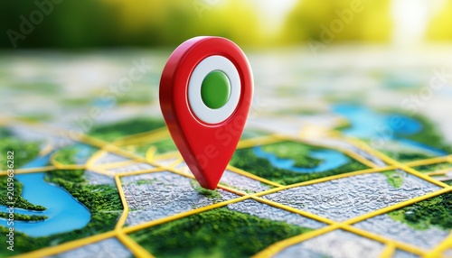 3D render of a red map location pin on a stylized city map