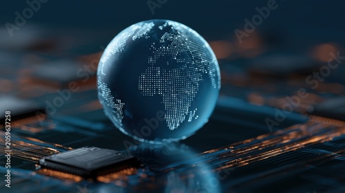 Digital earth globe glowing on circuit board background