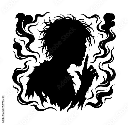 Foto Mysterious Silhouette of a Person in Smoke, Shushing Gesture, Dark Vector Art, S