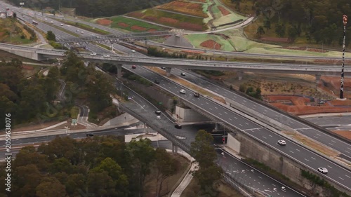 Aerial drone view of vehicles using the newly opened M7 -M12 Interchange at Cecil Hills, Sydney, NSW Australia on the morning of 14 June 2026