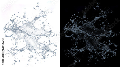 фотографія Dynamic water splash with droplets on white and black background, crystal clear