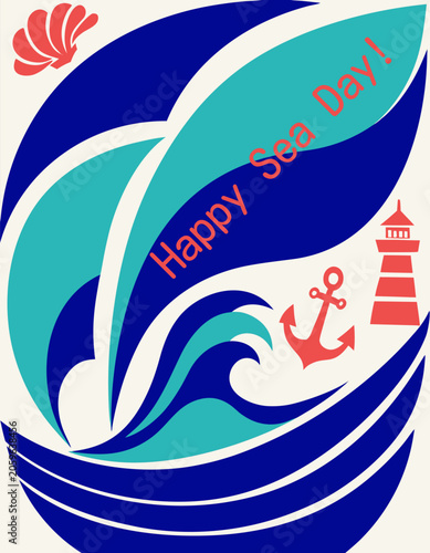Flat vector Sea Day set with ascending boat, lighthouse, anchor, visual rhythm for July festival promo