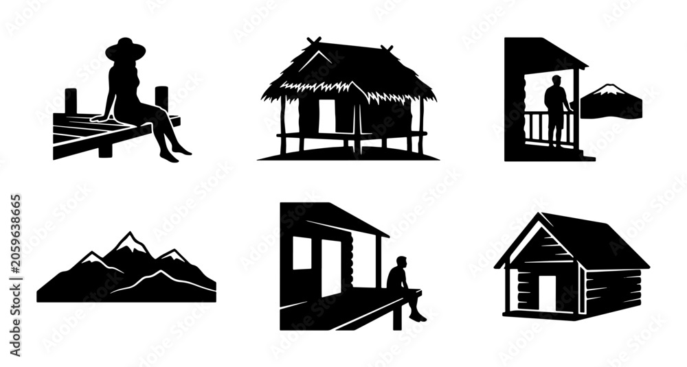 Naklejka premium Rustic Hut, Mountain Landscape, Silhouette Figures: Vector Icons for Rural Living & Serenity