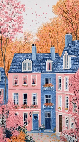 Charming European Street Illustration with Pink and Blue Houses and Colorful Autumn Trees in a Naive Art Style
