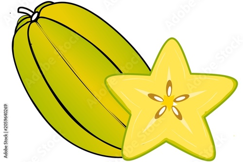 Starfruit Fruit Vector Illustration, Whole and Sliced Carambola Isolated on White Background