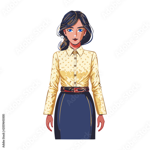 Woman in yellow blouse and blue skirt, vector illustration