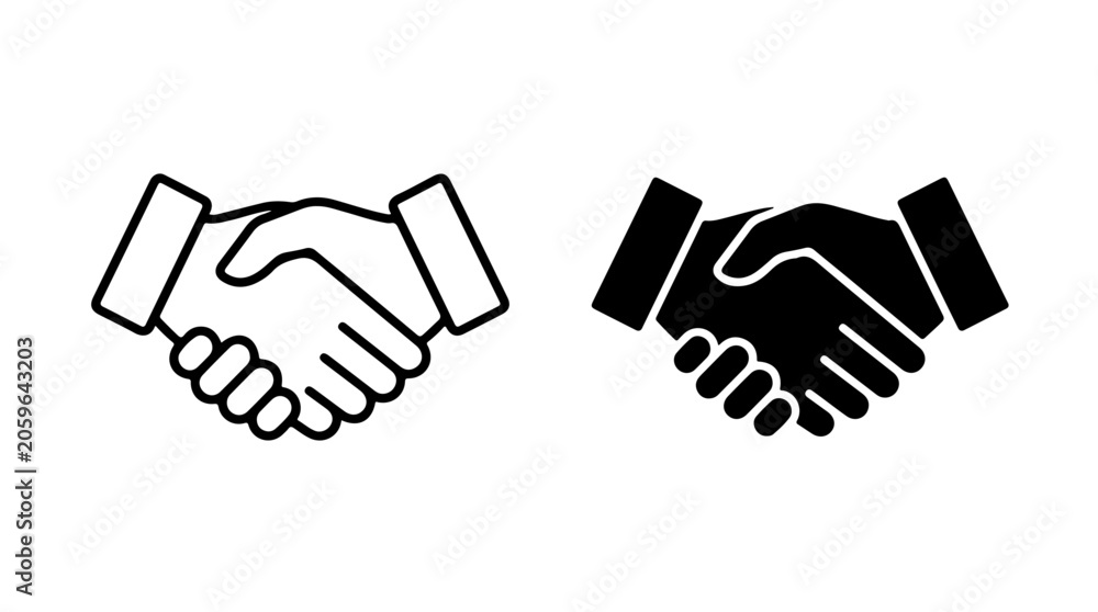 Obraz premium Handshake Icon Pair Representing Agreement, Partnership, and Trust in Minimal Black‑and‑White Vector Style
