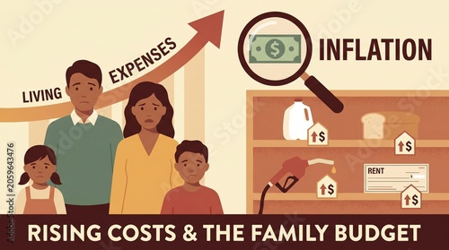 Money Inflation Economic Illustration Featuring Expensive Household Essentials and Increasing Everyday Living Expenses for Families