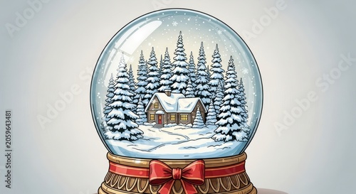 Charming Illustrated Snow Globe with a Secluded Winter Cabin and Festive Red Bow.