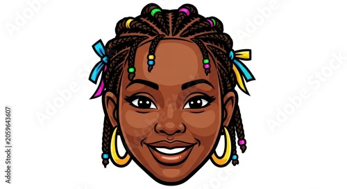 Vibrant Cartoon Portrait of a Smiling Black Woman with Colorful Beaded Braids.