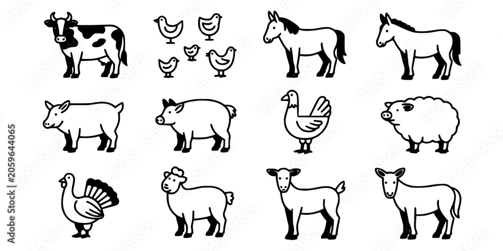 Fototapeta premium Cow Icon Set with Outline Vector Style and Small Birds and Chicken Characters on White Background Featuring Livestock, Farm Animals, Poultry