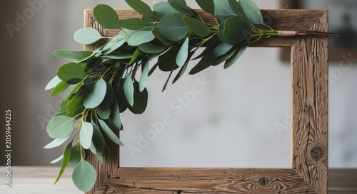 Serene Still Life - Eucalyptus Leaves Draped on a Weathered Wood Frame.