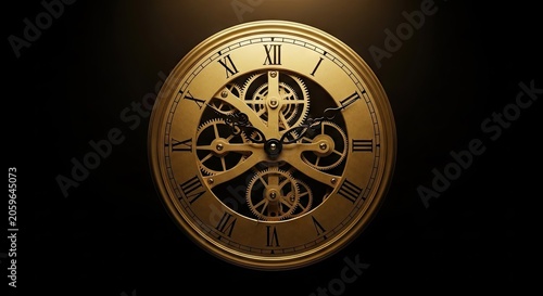 Golden clock face with roman numerals and gears on black background