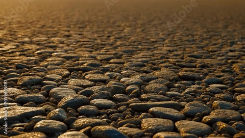 Low-angle close-up of wet cobblestone pavement in warm golden light