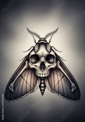 Intricate skull moth illustration with detailed bone wing structure