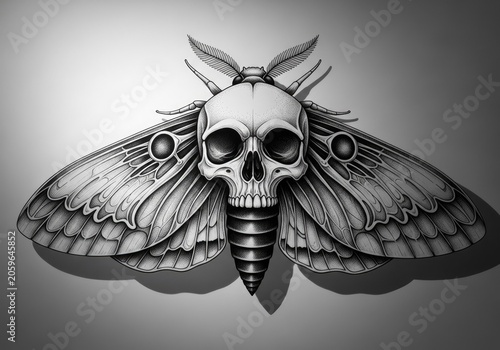 Intricate skull moth illustration with detailed wing patterns in grayscale