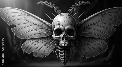 Intricate skull winged creature illustration in monochrome style