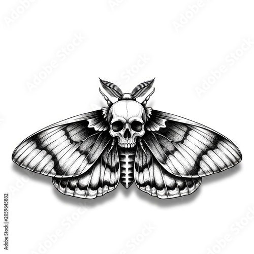 Intricate skull moth illustration with detailed wings on white background