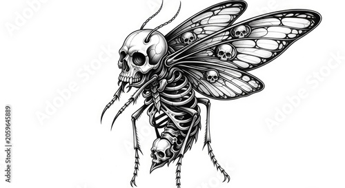 Intricate skull winged creature illustration against white background