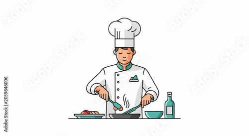 Chef skillfully prepares food in a pan with kitchenware and a bottle