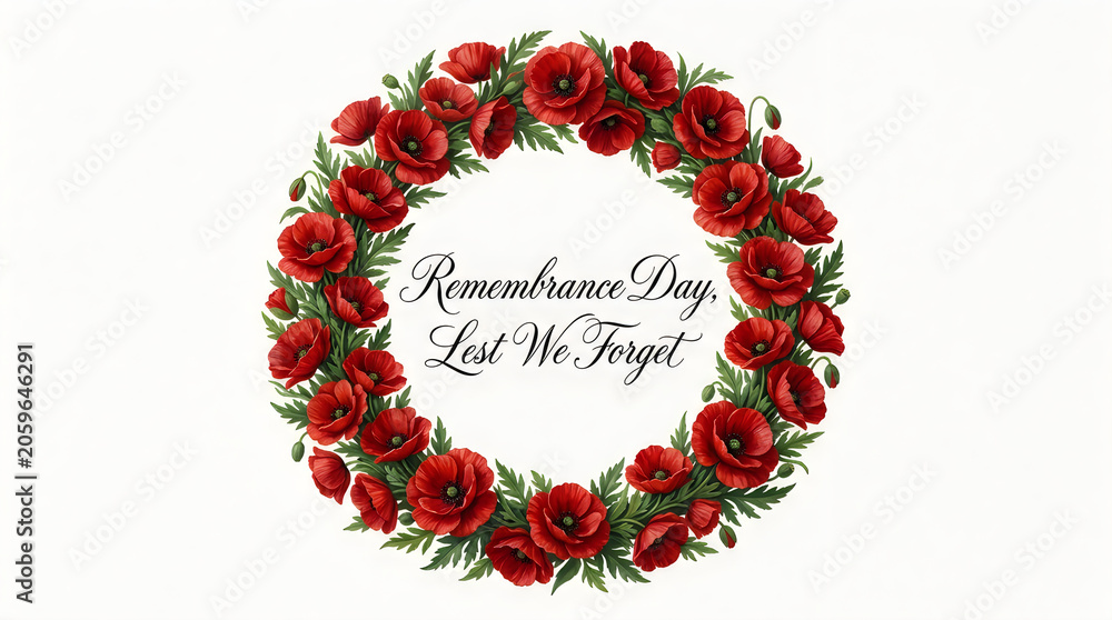 Naklejka premium Red Rose Wreath with Remembering Day Message on White Background Celebrating Heritage