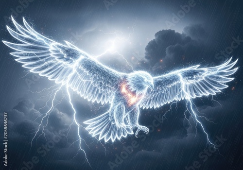 Majestic eagle with glowing wings and lightning in a dramatic sky