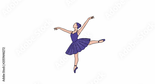 Elegant ballerina in purple costume performs ballet pose on pointe