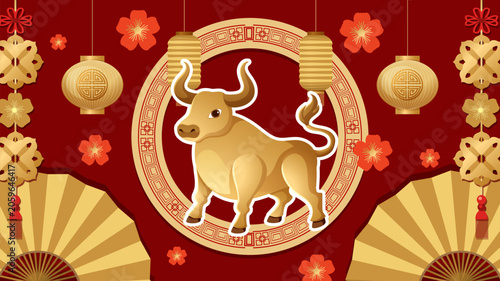 Chinese Zodiac Ox Illustration with Traditional Lanterns and Red Background