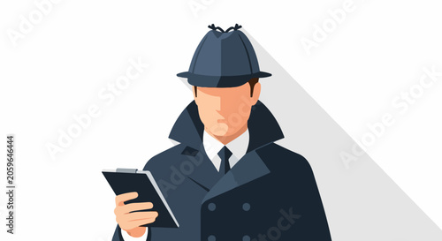 Flat illustration of a man in a detective hat and trench coat holding a clipboard