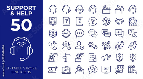 Foto Collection of fifty support and help editable stroke line icons for customer ser