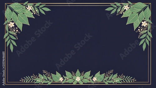 Botanical frame with green leaves and gold border on navy background