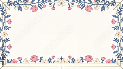 Pink blossom and blue leaf border with gold geometric frame accents